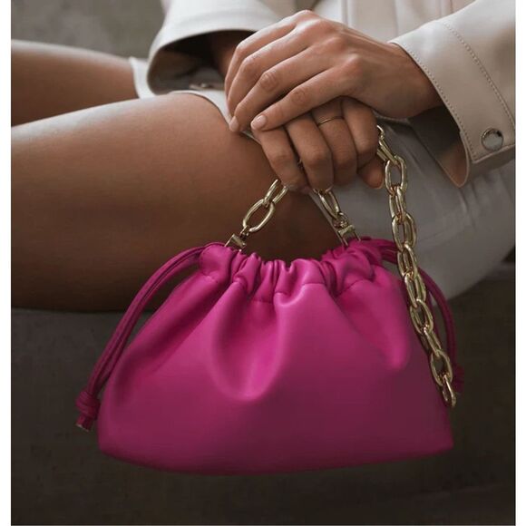 Jules Kae Pink Bree Bucket Bag Purse Faux Leather Drawstring Barbie Coquette New - Picture 4 of 13